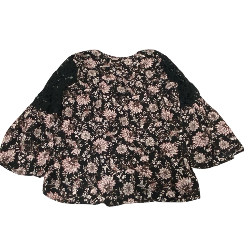 KNOX ROSE Boho Bell Sleeve Black Pink Floral Lace Button Down Top Women’s Small - Picture 12 of 14